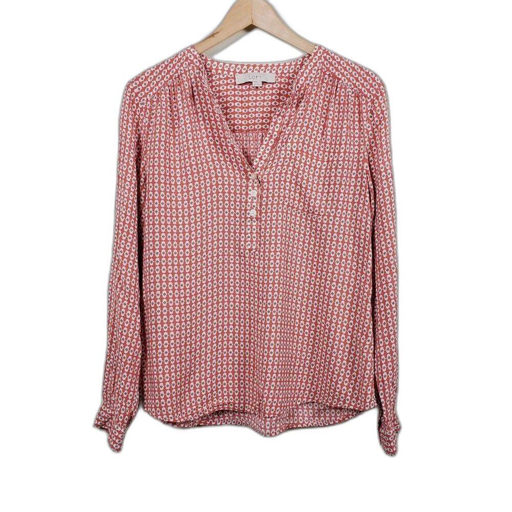 LOFT Printed Long Sleeve Blouse Earth Tones Women Size M V Neck Rayon